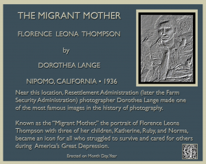 Draft concept for the historic marker. The QR code in the lower right corner will take readers to the location of Lange's photographs in the Library of Congress.